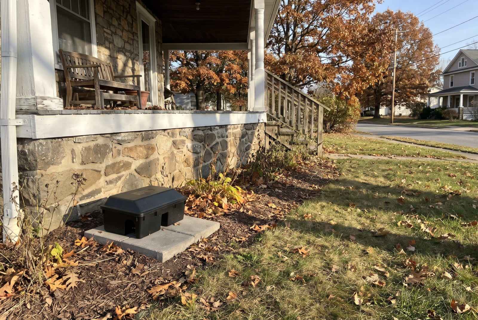Black rodent bait station set on a paver against the stone foundation of a porch in autumn