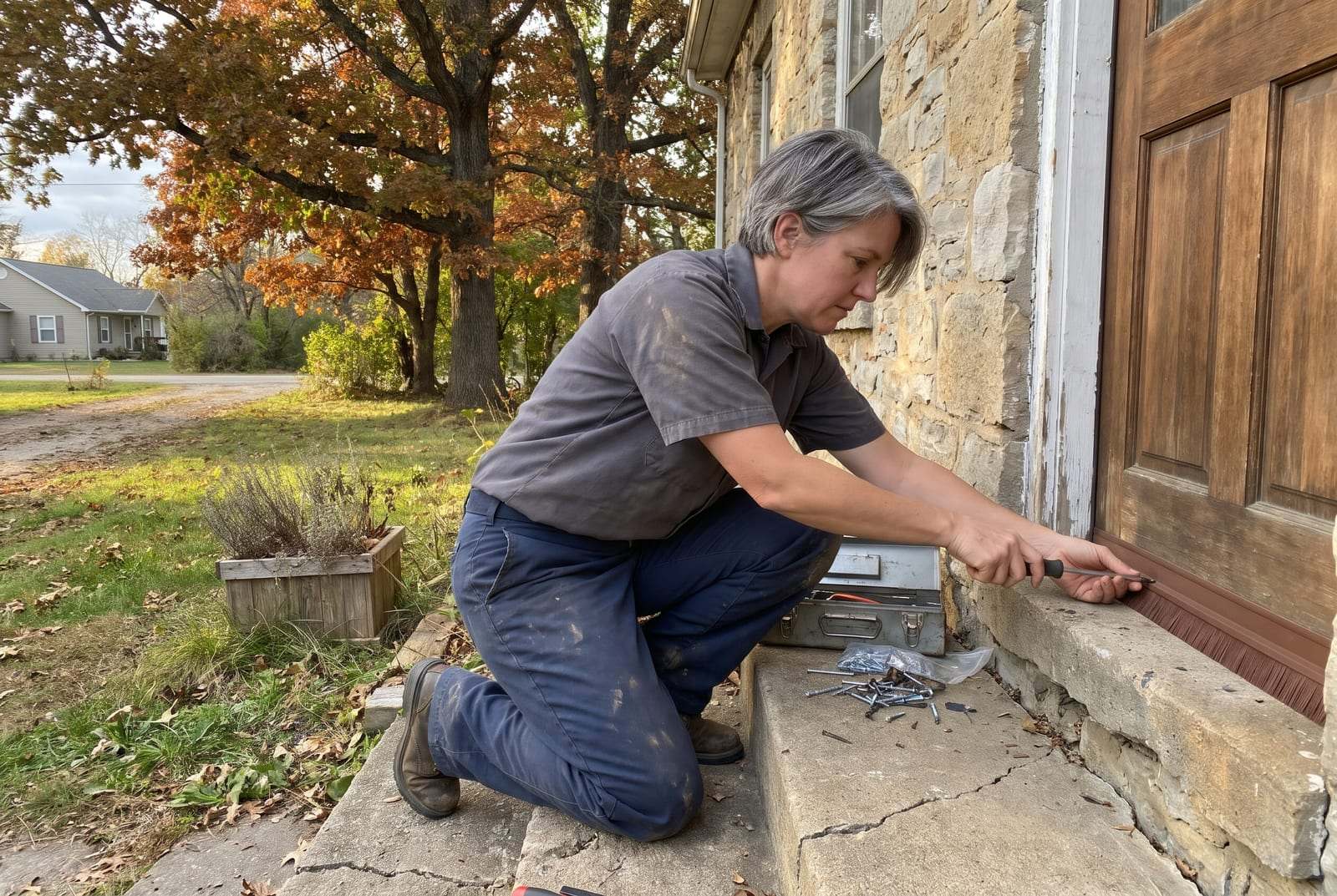Technician kneeling on a front step, screwing a brush door sweep to the bottom of a wooden door