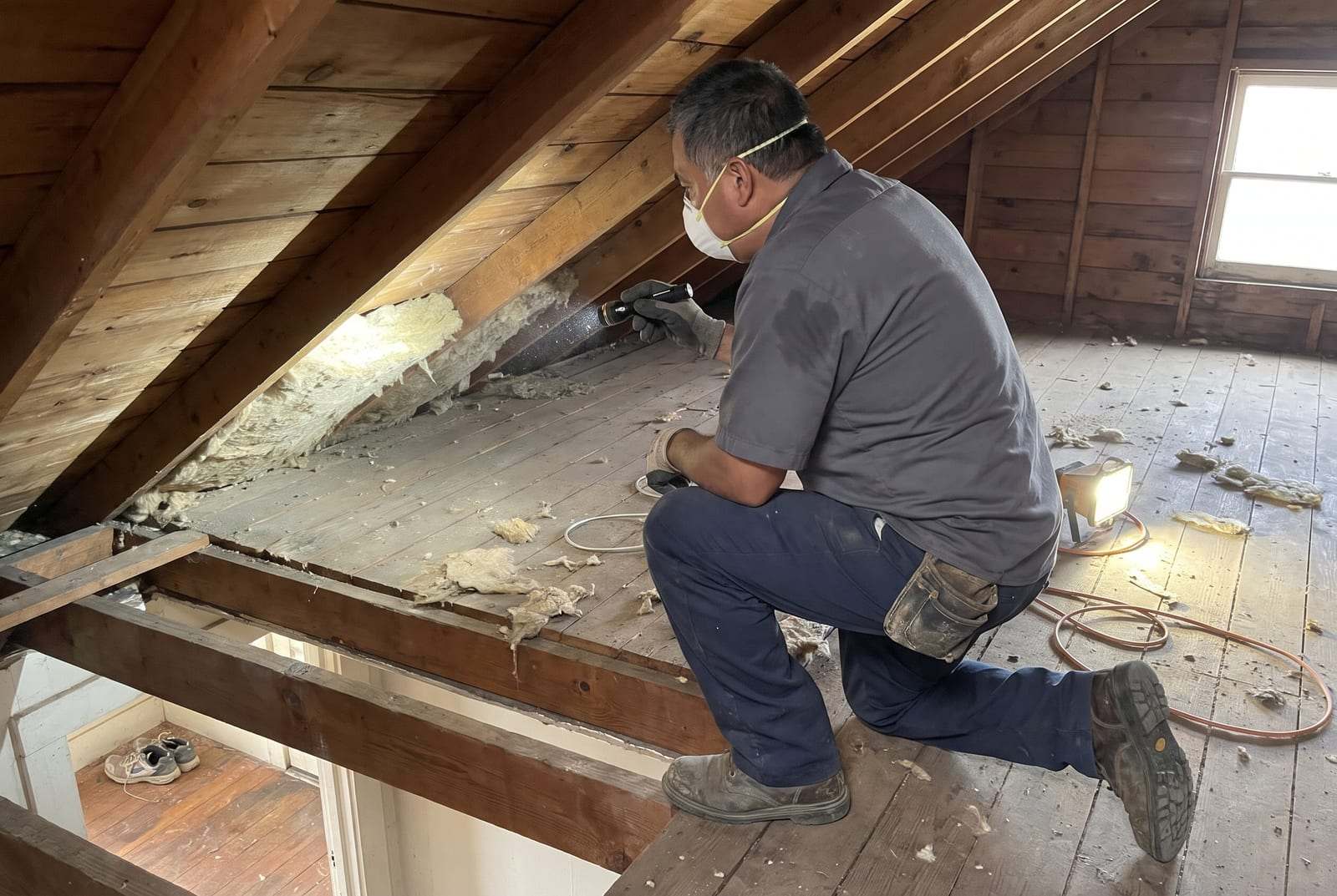 Technician in a dust mask checking attic insulation along the roof boards with a flashlight