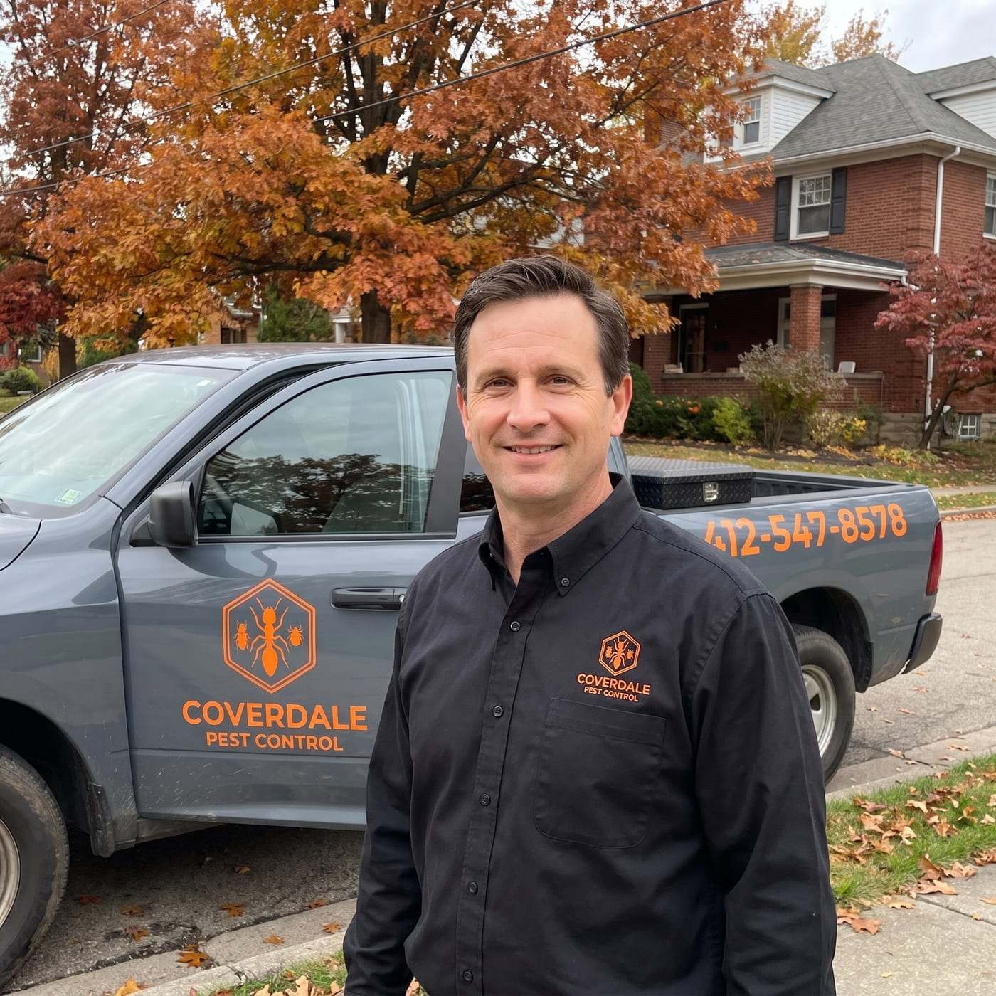Lewis Fraser in a black work shirt with the Coverdale Pest Control logo, standing beside the company pickup on a residential street in autumn